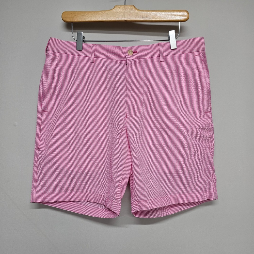 Peter Millar Featherweight Seersucker Shorts Mens 34 Pink White Stripe Preppy